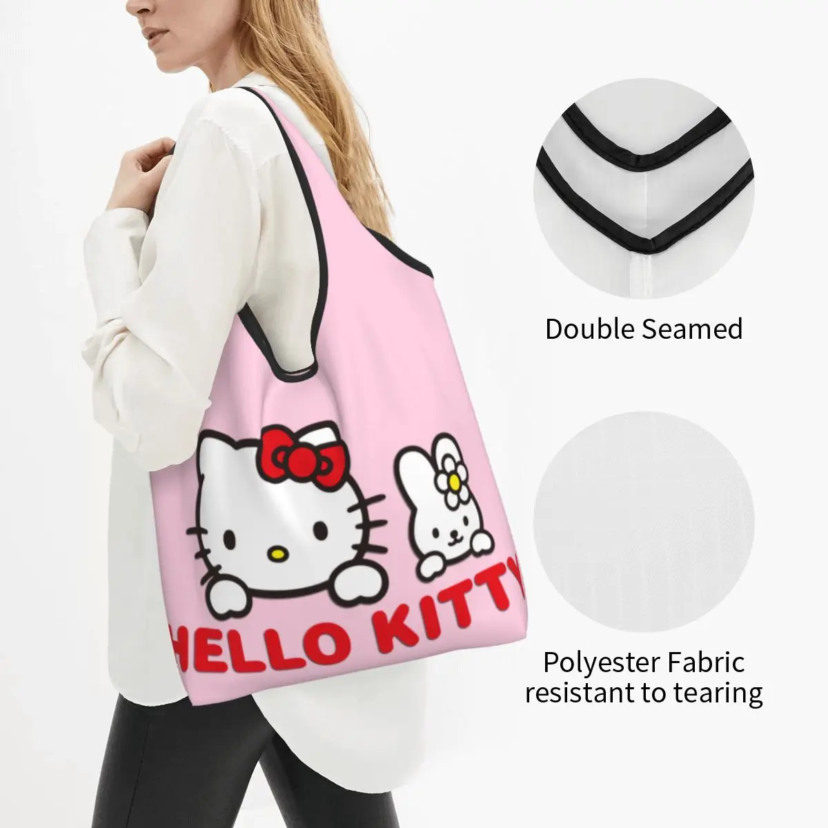 Custom Fashion Hello Kitty Cartoon Shopping Tote Bag portatile Sanrio generi alimentari Shopper borsa a tracolla