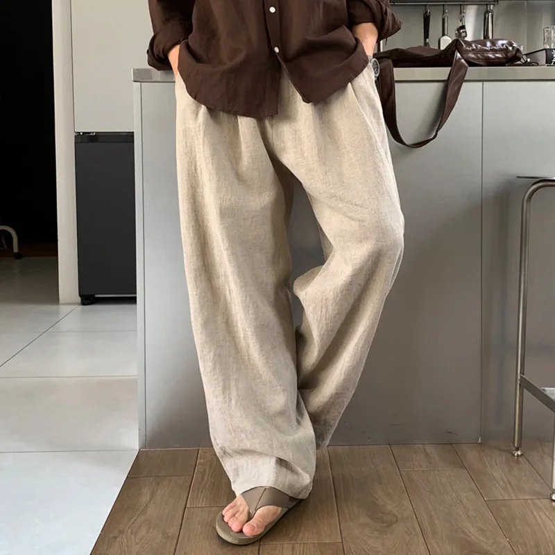 Light Linen Casual Trousers Men's 2026 Summer New Simple Floor-mopping Double-pleated Wide-leg Trousers