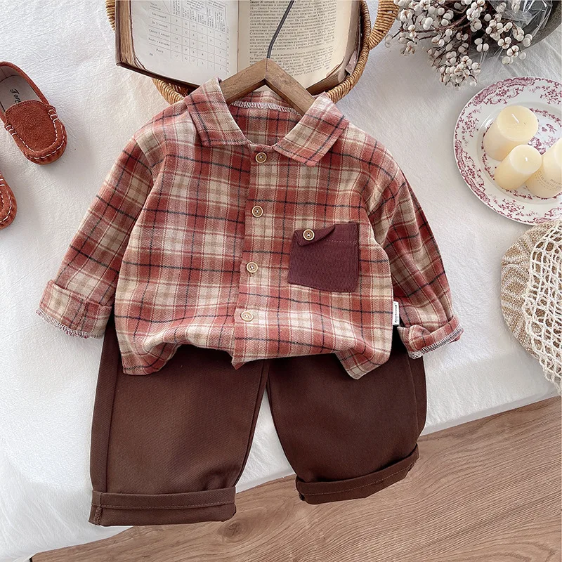 طقم قميص منقوش بجيب متباين للأولاد لخريف 2025 قميص أطفال بأكمام طويلة على الطراز الأجنبي الجديد ملابس أطفال #6