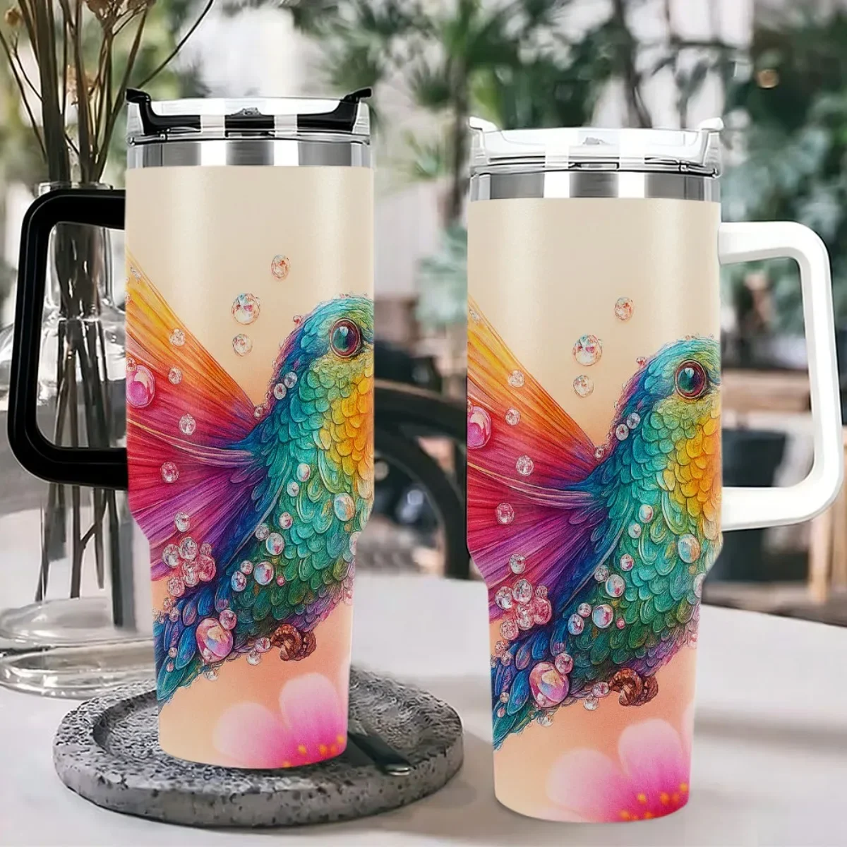 40oz Insulated Tumbler with Handle, Colorful Hummingbird Bubble Floral Print Pink Out Of Stock, Do Not Buy