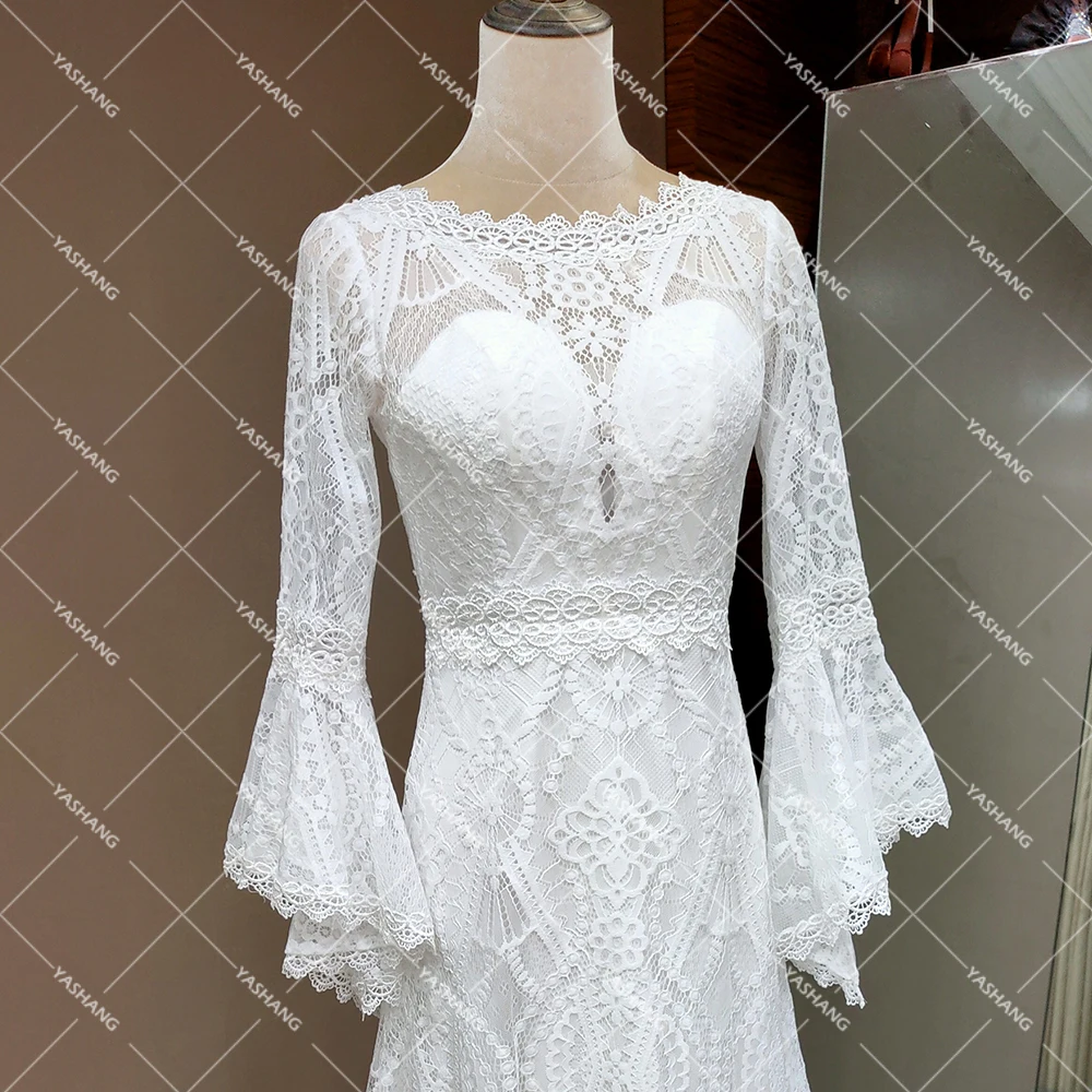 Vestido de novia bohemio elegante con mangas acampanadas, encaje, cuello de ilusión de barco, vaina sin espalda personalizada, fotos reales, vestidos de novia, 3/4