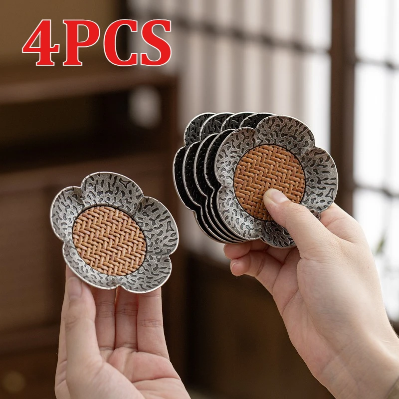 4pcs Chinese Hammer Patterned Alloy Rattan Mat Water Cup Pad Retro Rattan Woven Lotus Cup Holder Heat Insulation Pad Tea Set Pad
