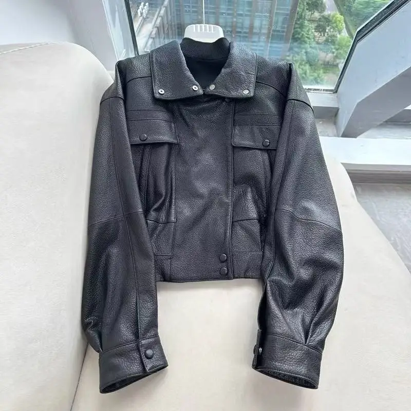 Damska zimowa kurtka z owczej skóry importowanej, skóra owcza typu bubble, damska burgundowa kurtka motocyklowa z klapami i zamkiem błyskawicznym, chaquetas de mujer.