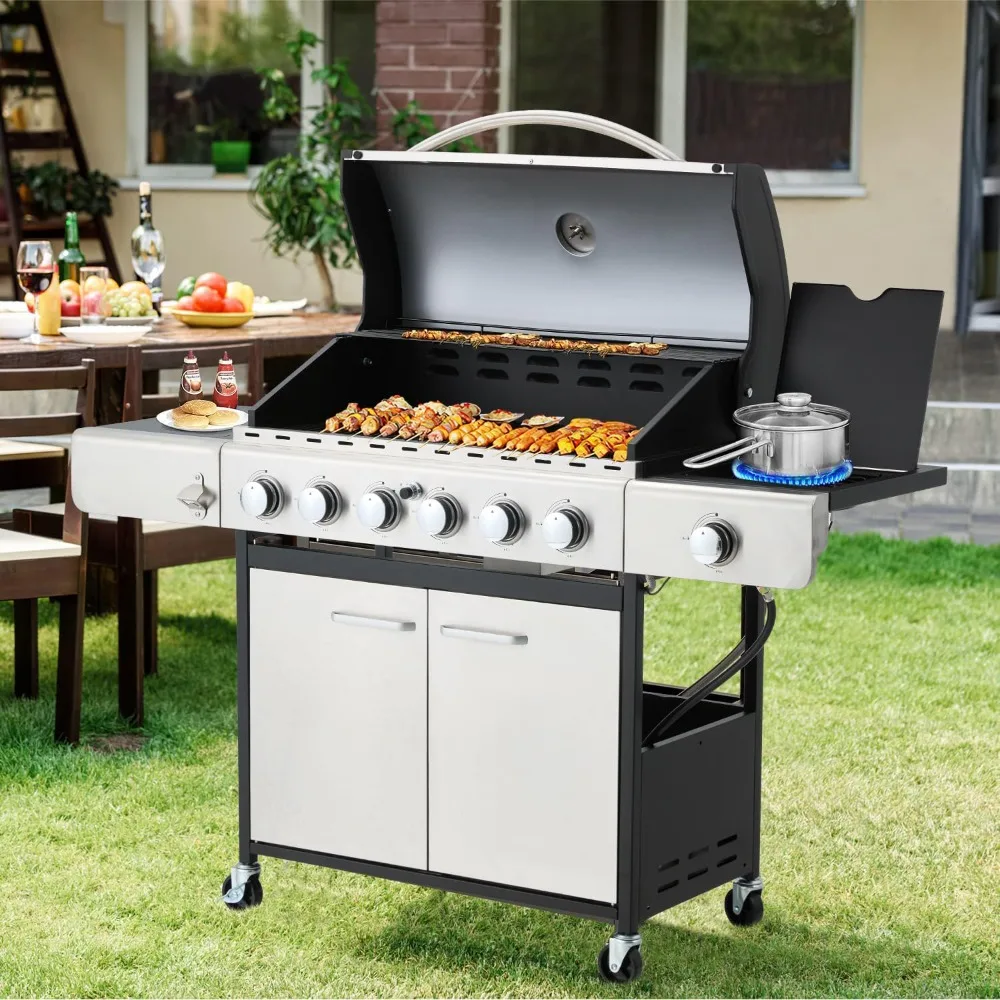 

6 Burner BBQ Propane Gas Grill, 58,000 BTU Stainless Steel Patio Garden Barbecue Grill with Stove and Side Table,Barbecue Grills