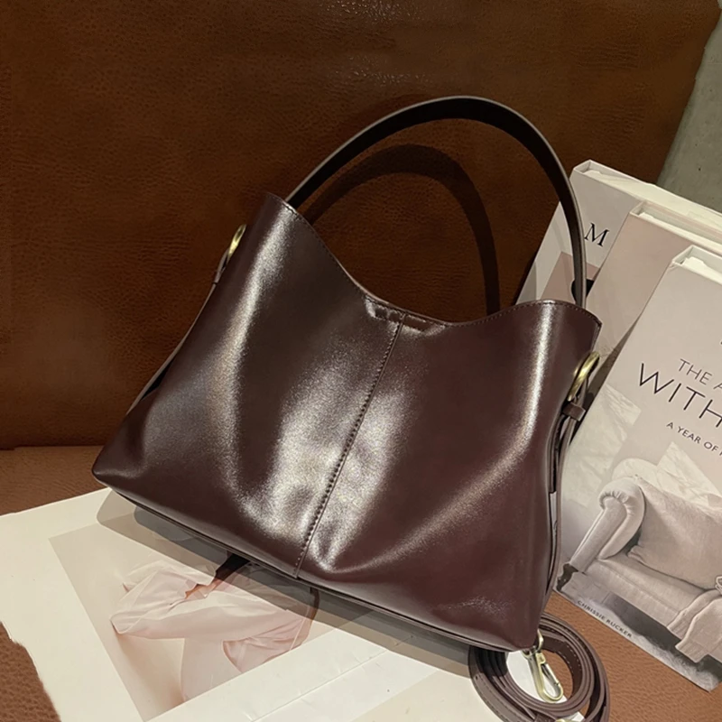 

Hifashion Vintage Genuine Leather Bucket Tote Handbags For Women 2025 Trend Designer Shopping Ladies Shoulder Crosssbody Bags