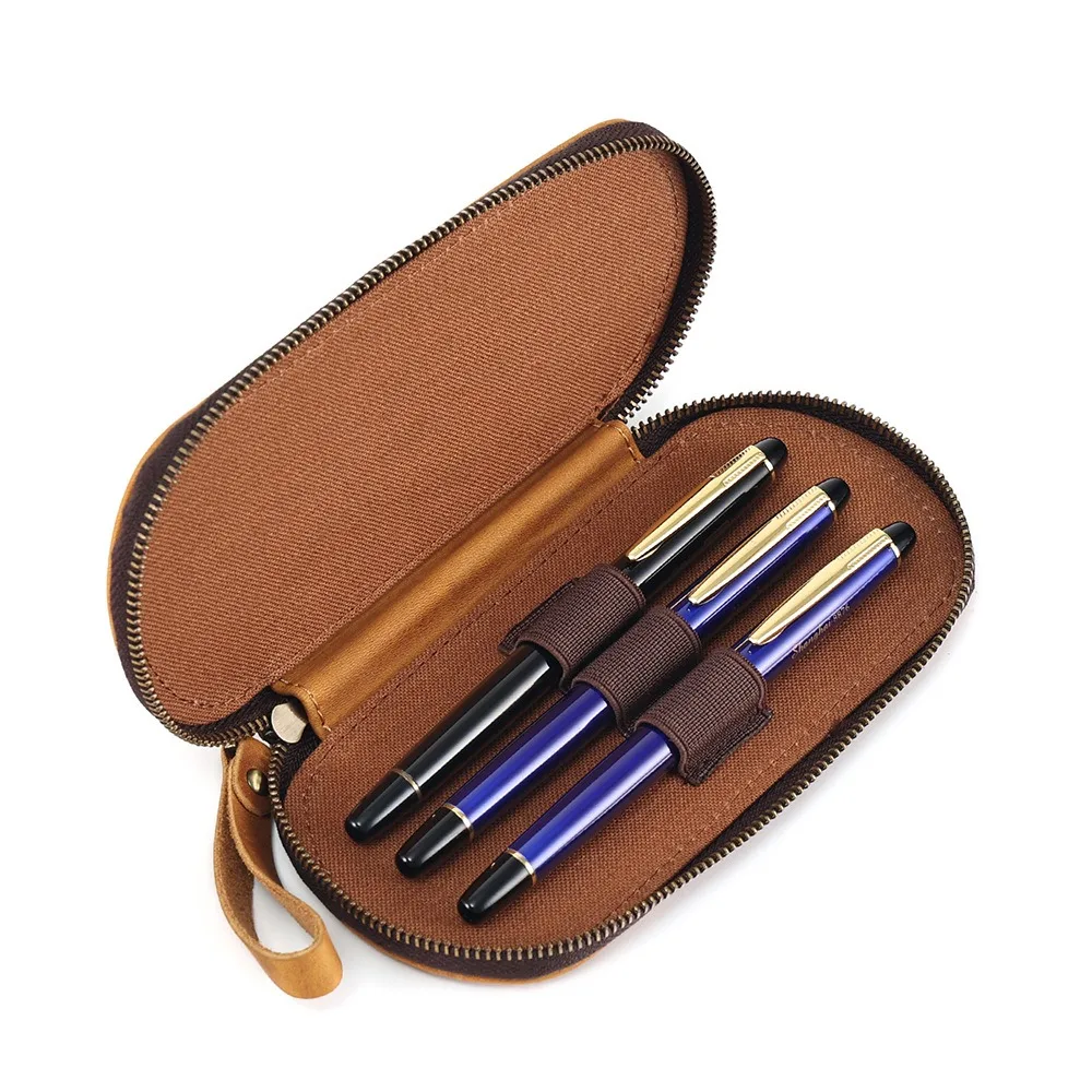 Vintage lederen pen doos voor 3 pen, ovale rits pen tas, voor kantoor- en schoolortikelen voor het opslaan van pen