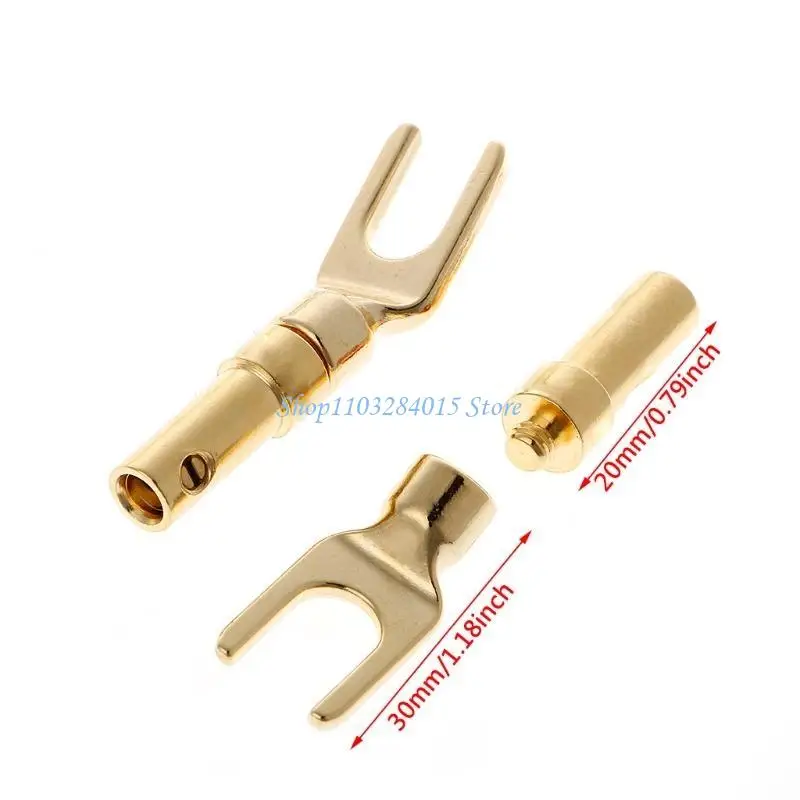 R6FF 8 Pcs Brass Gold Plated Y Spade Speaker Plugs o Screw Fork Connector Adapter