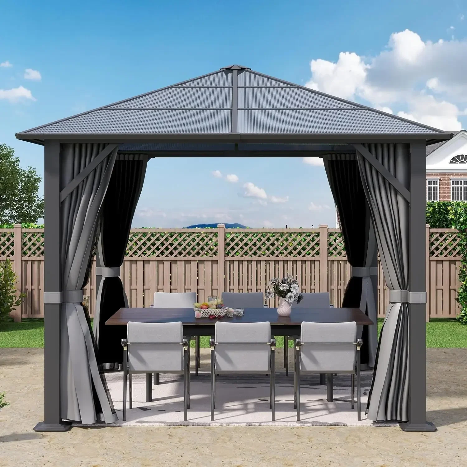 

9.7x9.7FT Hardtop Gazebo Polycarbonate Roof Steel Frame Gray Curtain&Netting Backyard Patio Lawn Garden Deck, Custom