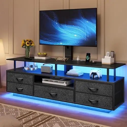 TV Stand with Mount for 32/55/65/70 inch TVs, 51.2" LED TV Stand with Power Outlets & Storage, Entertainment Center