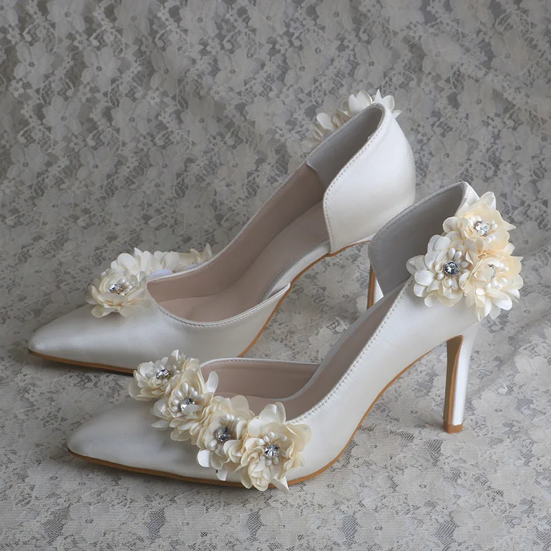 Wedopus Customized Flower Bridal Shoes for Women 2024 Ivory Wedding Heels Pointed Toe 9CM Heels