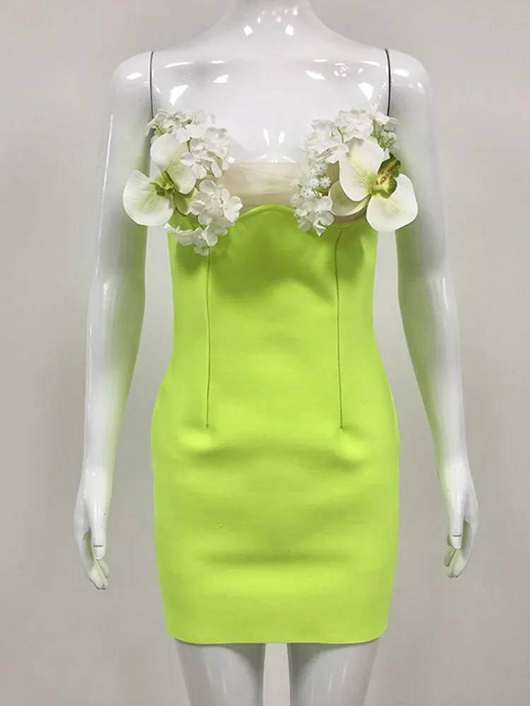 Women Celebrity Sexy Strapless Backless Neon Green Flower Mini Bodycon Bandage Dress 2024 Elegant Evening Club Party Outfit