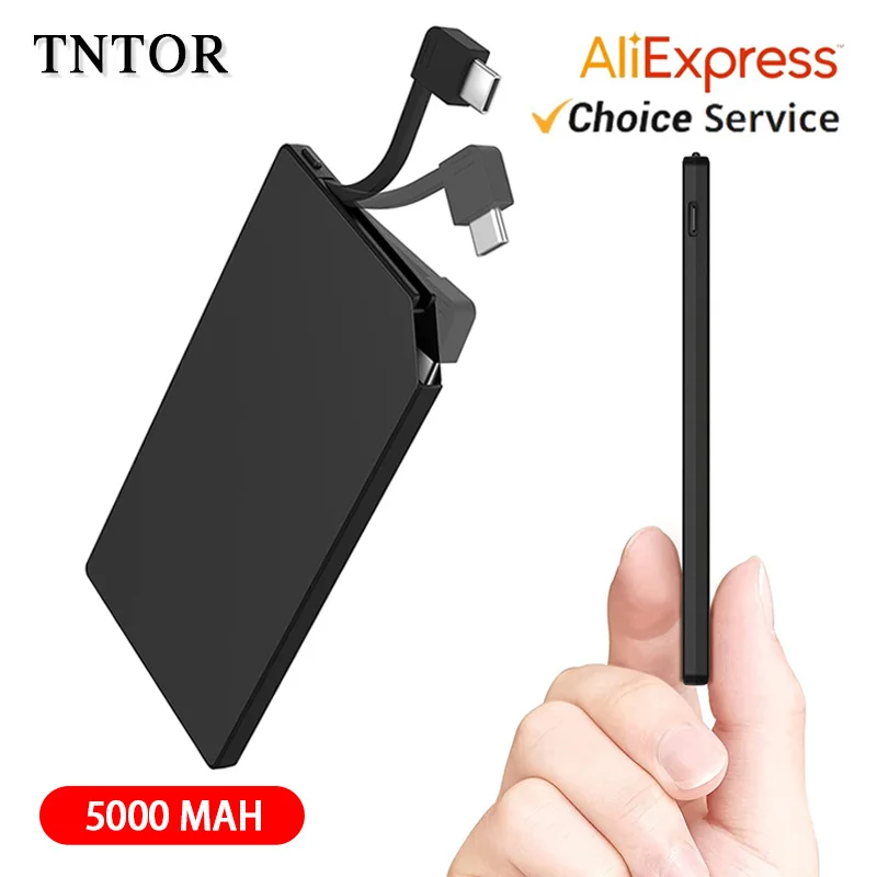 

TNTOR Ultra-thin Power Bank 5000mAh Portable 6mm Mini power bank,fast charging built-in cable, suitable for iPhone Xiaomi Huawei