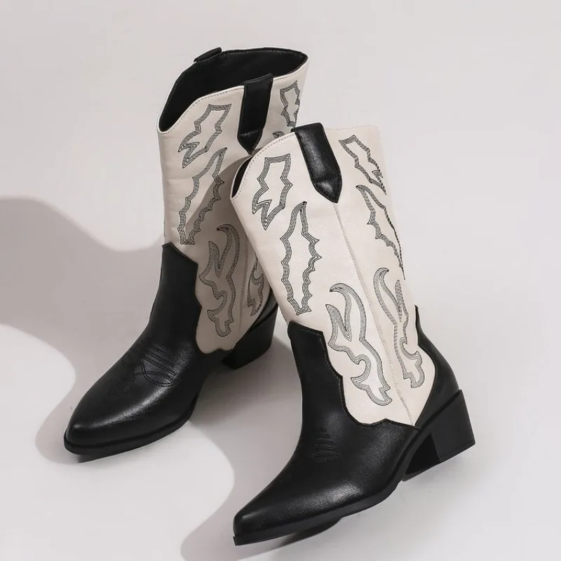 New Fashion Slip on Thick Heel Knight Long Booties Embroidery Women Western Cowboy Boots Retro Style Female Shoes Botas Mujer 신발