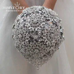 HIMSTORY Luxury Waterfall Full Diamond Silver Bridal Bouquets Bling Rhinestone Bouquets Wedding Accessories Ramo Flores Novia