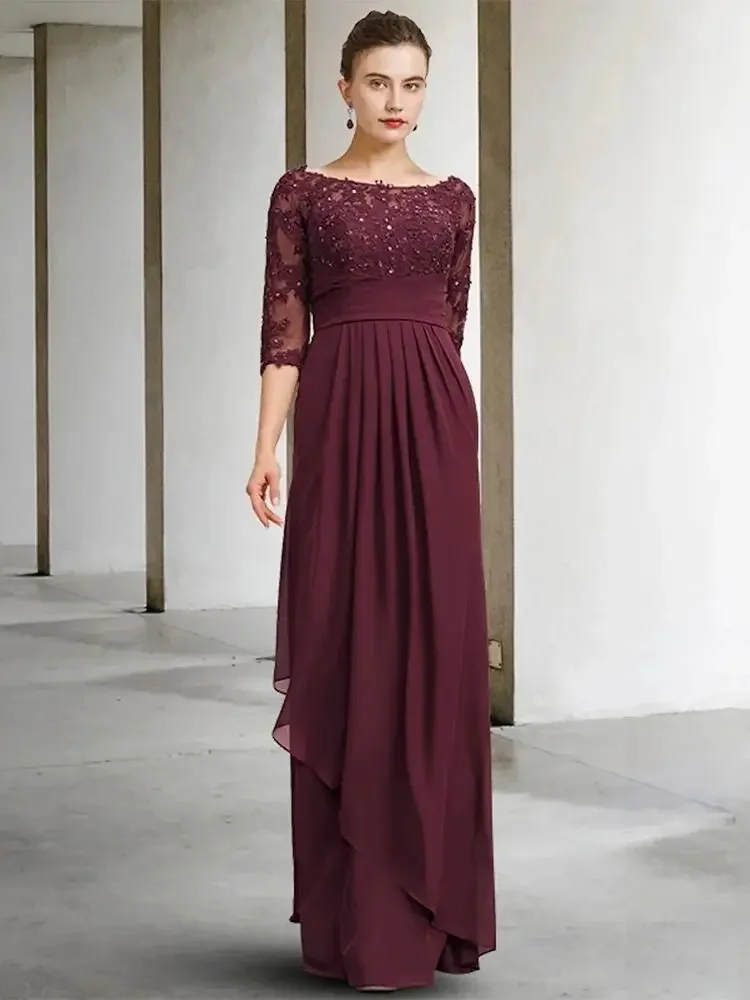 Burgundy Chiffon Mother of The Bride Dress Scoop Neck 3/4 Sleeve Beads Sequin Applique Floor Length Wedding Guest Gown