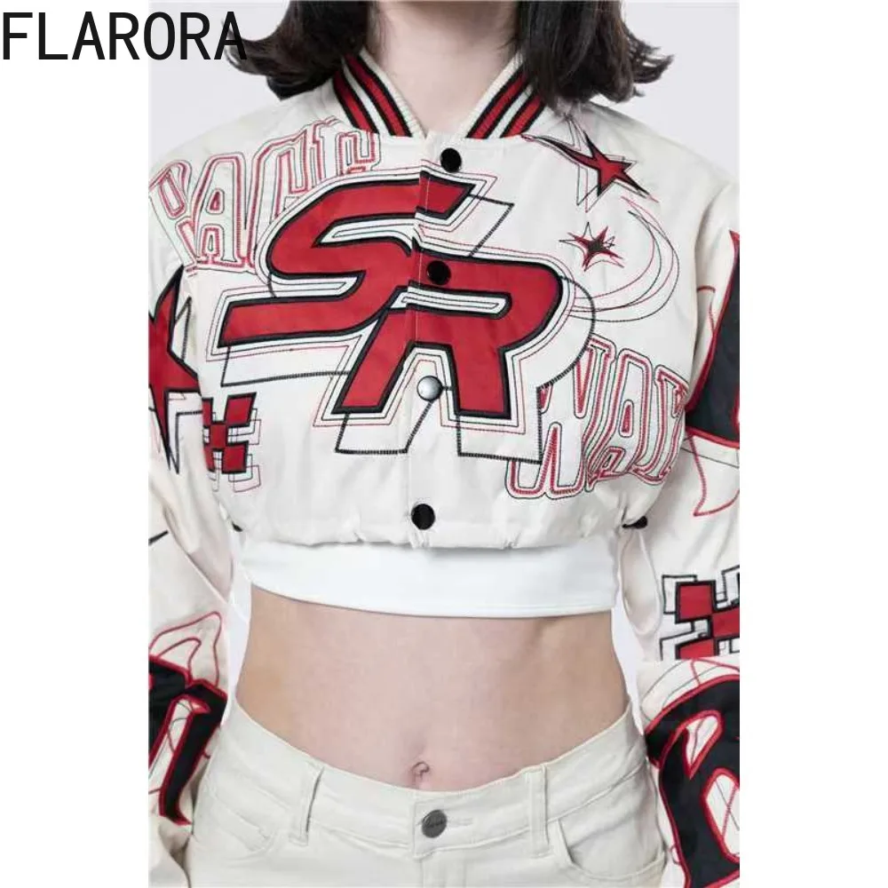 FLARORA Retro Letter Print Embroidered Baseball Jackets Woman Long Sleeve Stand Collar Crop Coat Autumn Y2k Streetwear Jacket