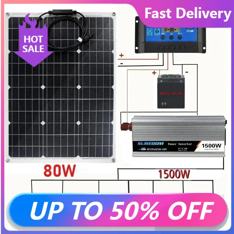 2026 New 1500W Solar Power System 220V/1500W Inverter Kit 160W Solar Panel Battery Charger for Home Balcony Power Camper RoofFas
