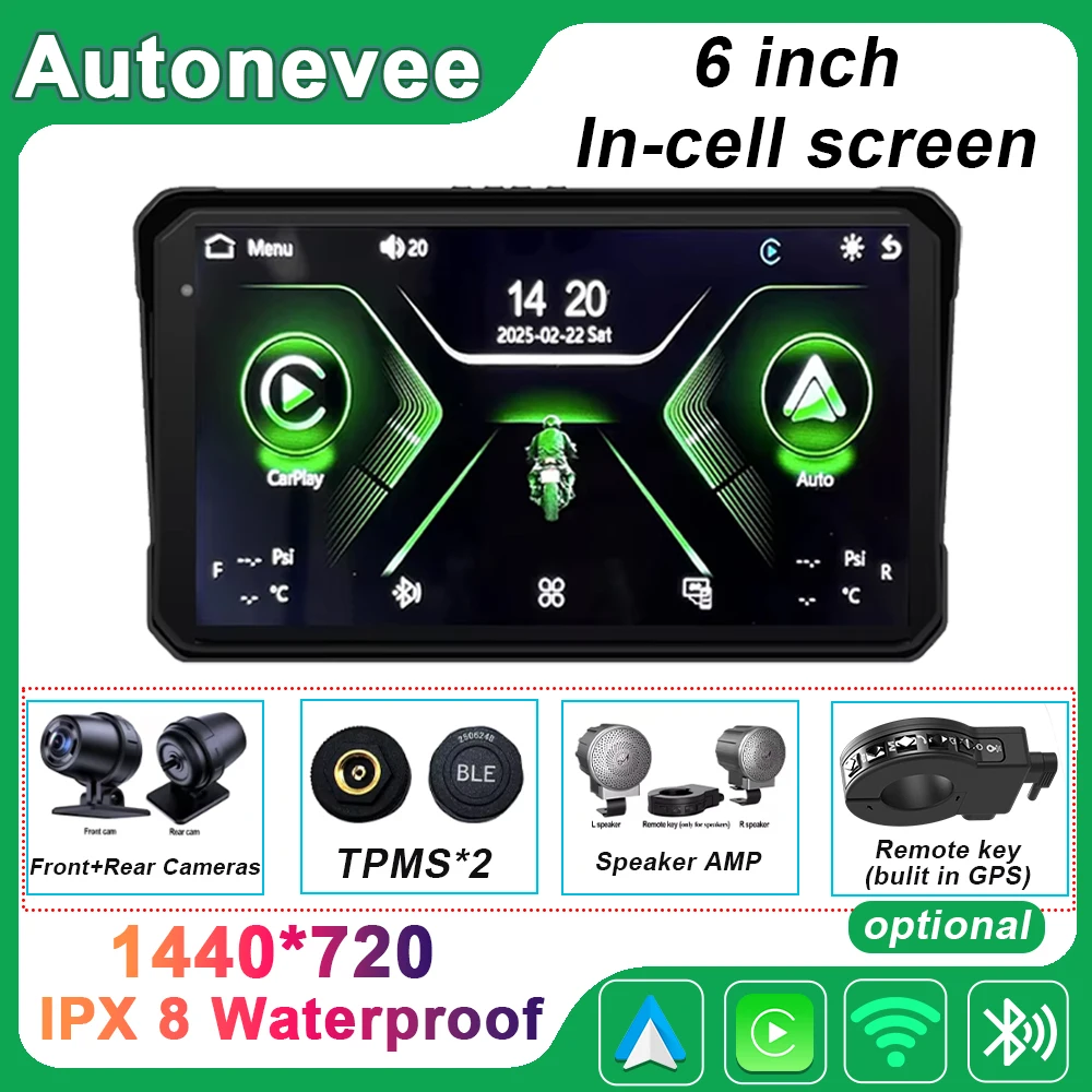 

6 inch Screen For Car Motorcycle Waterproof IPX8 Monitor Dash Cam GPS Navigation Wireless Carplay Android Auto With TPMS DVR