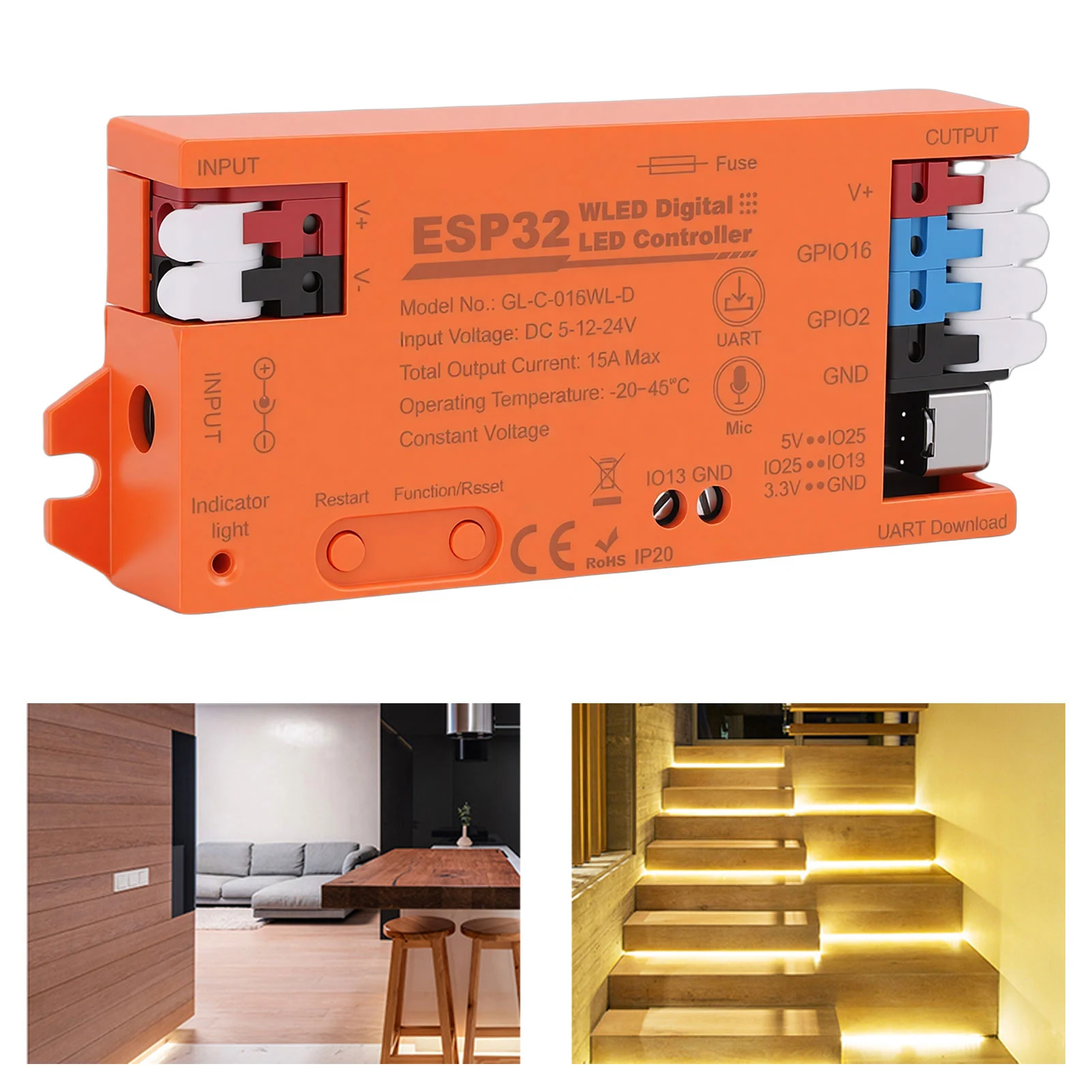 LED Strip Controller Built in Mic 15A Fuse Support Dynamic Lighting UART USB C Download Energy Saving Relay APP Control Orange