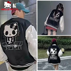 Hello Kitty Baseball Uniform Hip Hop Jacket Retro Long Sleeves Embroidery Women Couple Cardigan Coat American Loose Street Coat