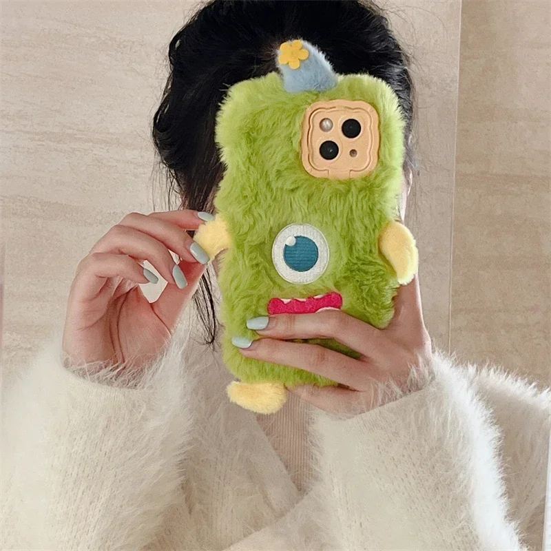 3D cyclops monster Warm Winter Plush Fur Cover For Huawei Mate 60 Pro Mate 50 40 30 Pro Fluff Toy Soft Stand Phone Case Cover