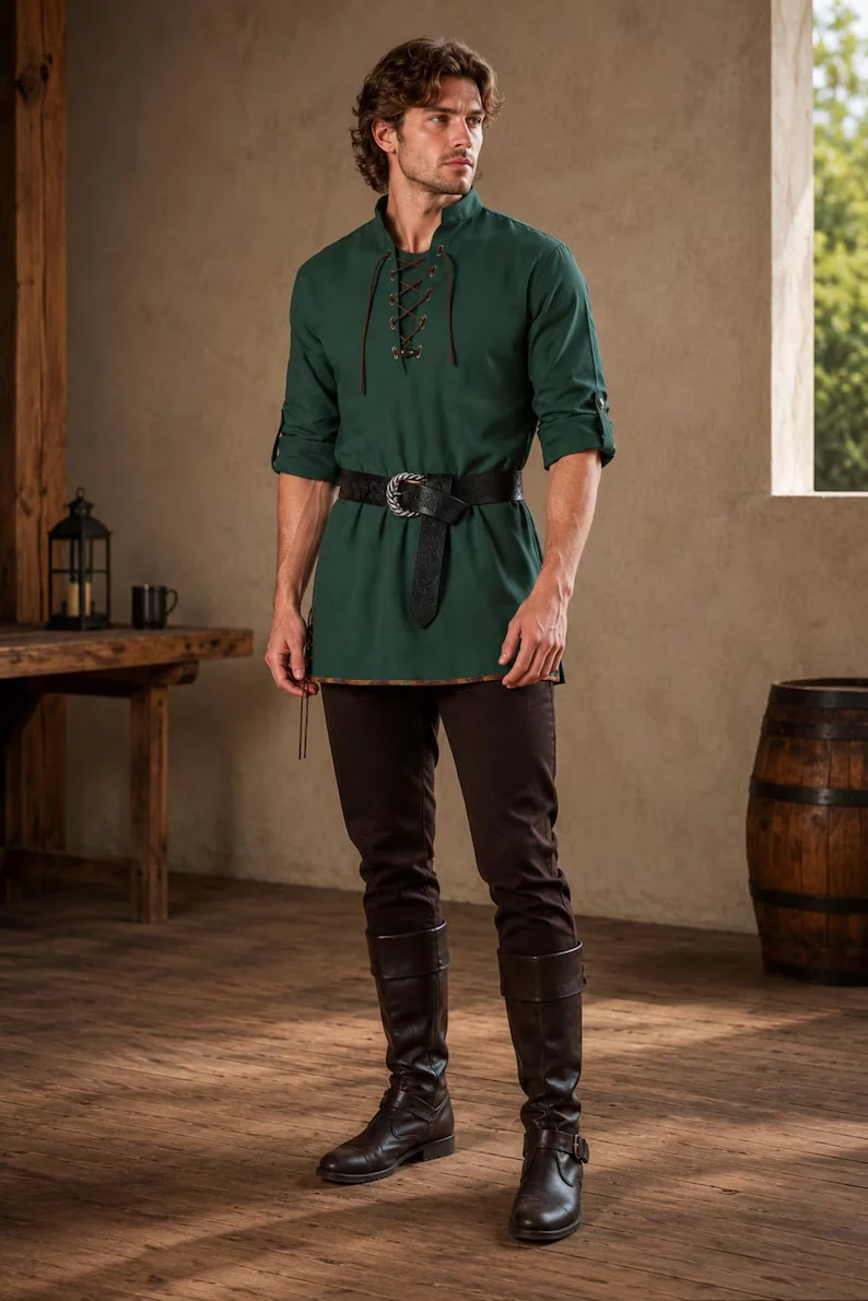 Men Vintage Medieval Lace‑Up Tunic Shirt With Belt, Renaissance Viking Pirate Long Sleeve Halloween Cosplay Costume Tops