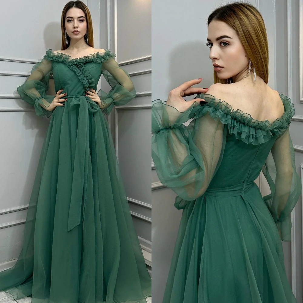 Customized  Net Ruffle Engagement A-line Off-the-shoulder Bespoke Occasion Gown Long Dresses Saudi Arabia  