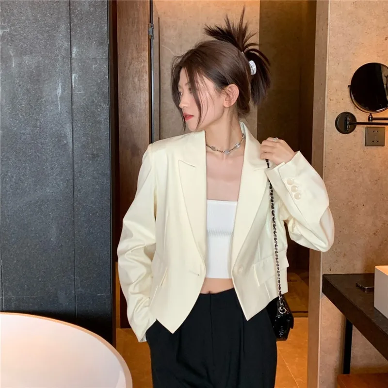 2024 Spring Summer Thin Light Yellow Short Suit Jacket Women Lapel Single Button Long Sleeve Slim Female Cropped Outerwear