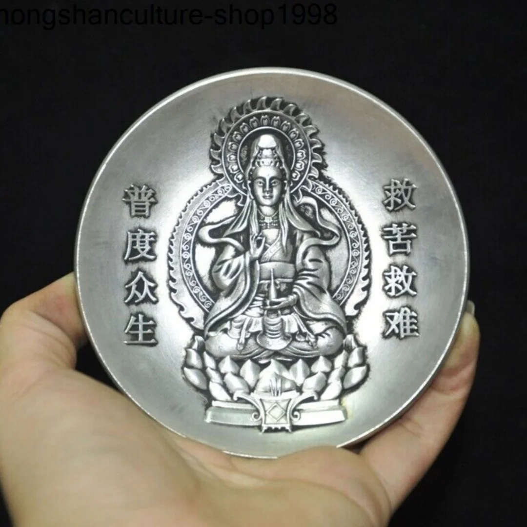 Chinese old Tibetan silver auspicious Kwan-Yin GuanYin Buddha statue plate