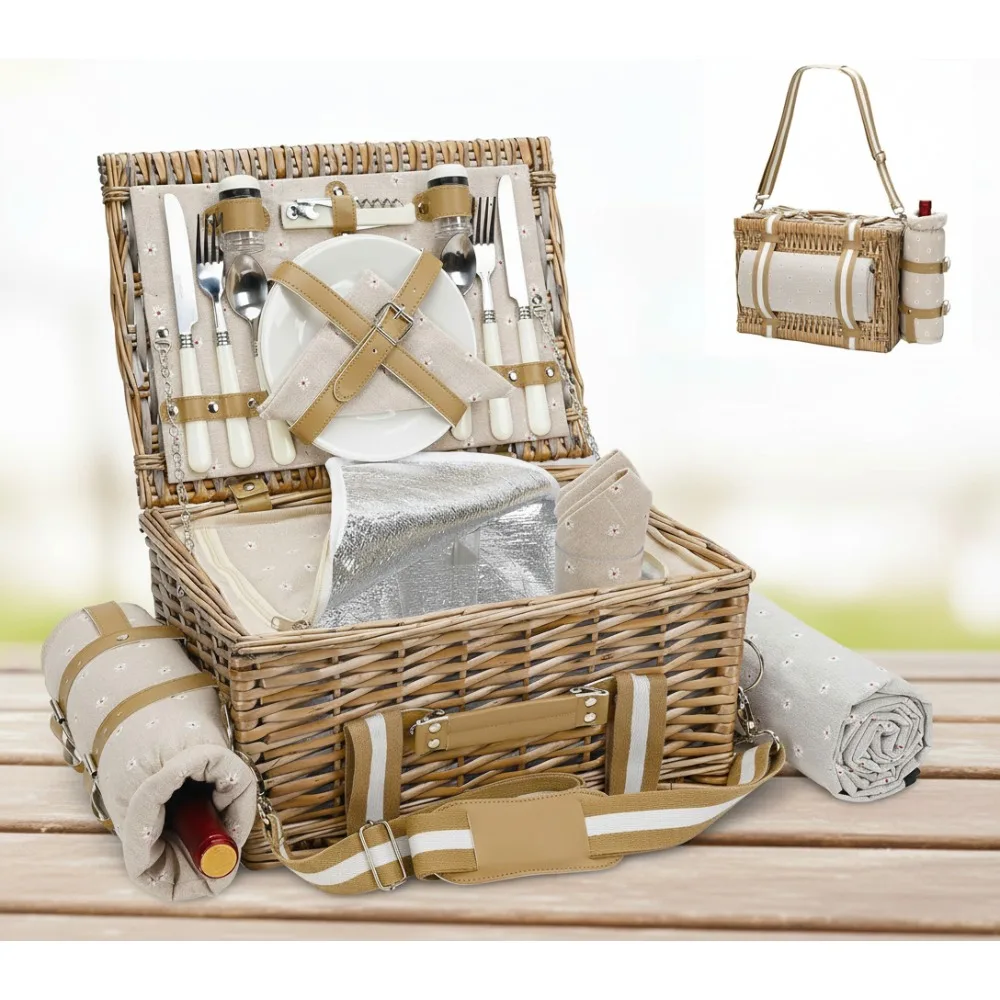 

19Pcs Wicker Picnic Basket Set with Waterproof Blanket & Wine Bag for Couples Camping, Large Insulated Cooler