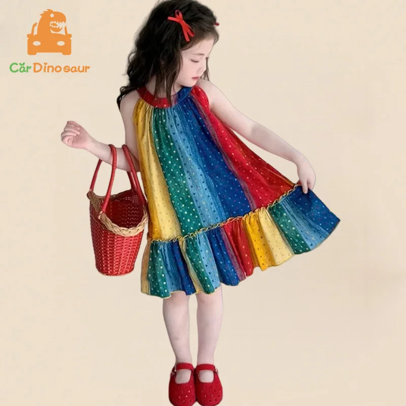 2025 New Summer Kids Clothing 2 3 4 6 8 10 Years Baby RainbowTank Sundress  Daily Sleeveless Holiday Dress For Kids Girls