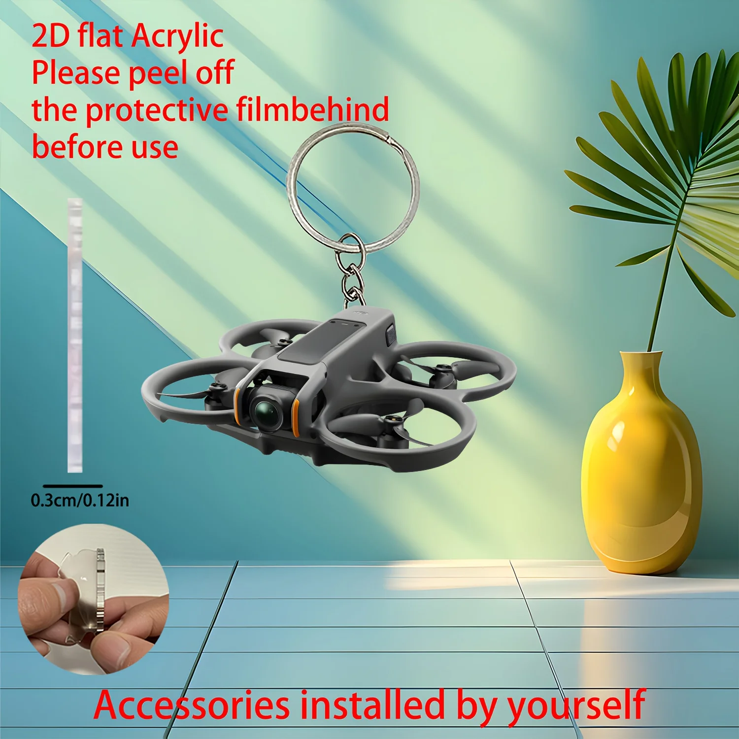 2D Black Drone Keychain Creative Acrylic Christmas Pendant Home Festive Decorations Cute Birthday Gift for Men Students Giveaway