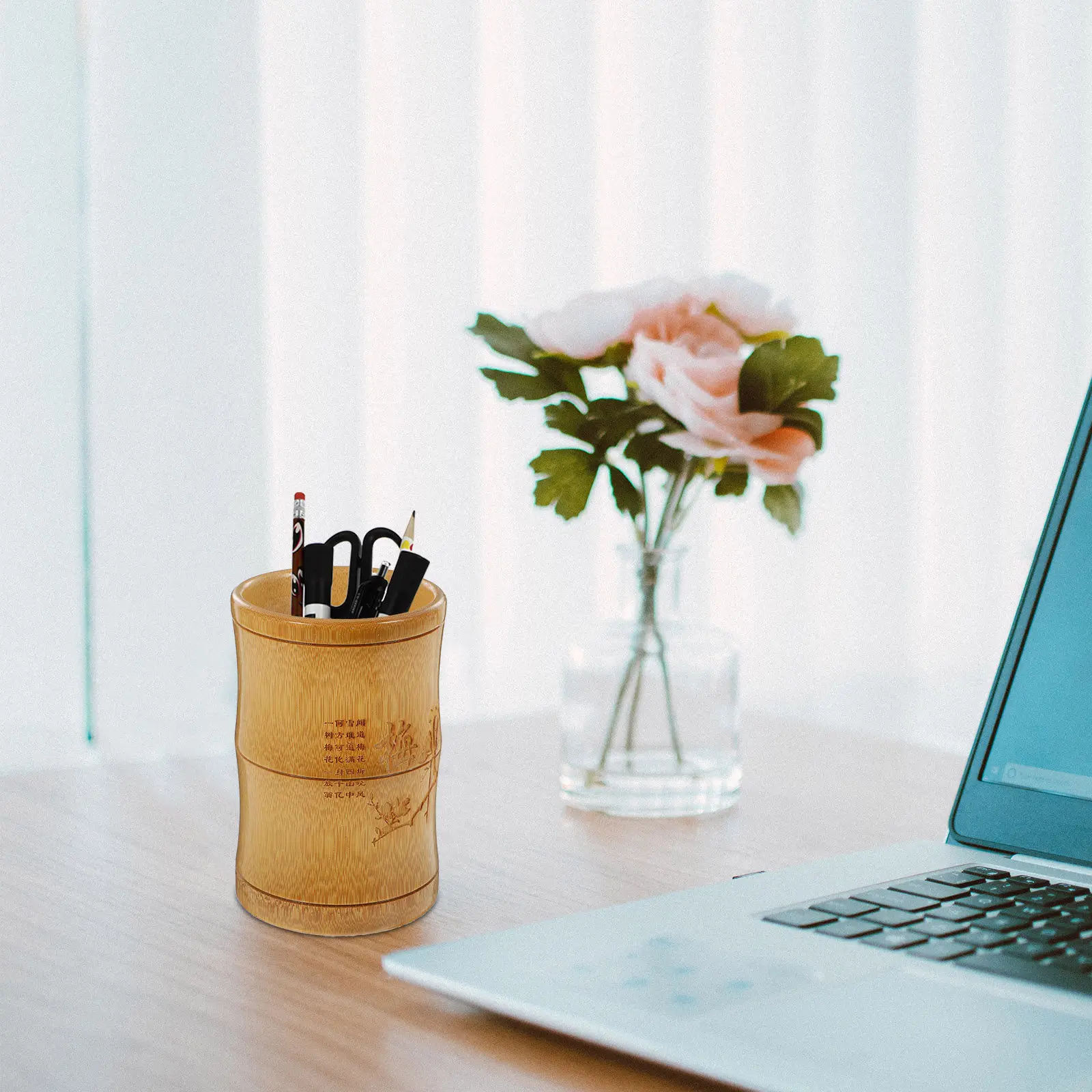 Desktop Bamboo Pen Holder Organizer Chinese Style Brush Container for Office Desk Storage Vintage Home Decor Accessory