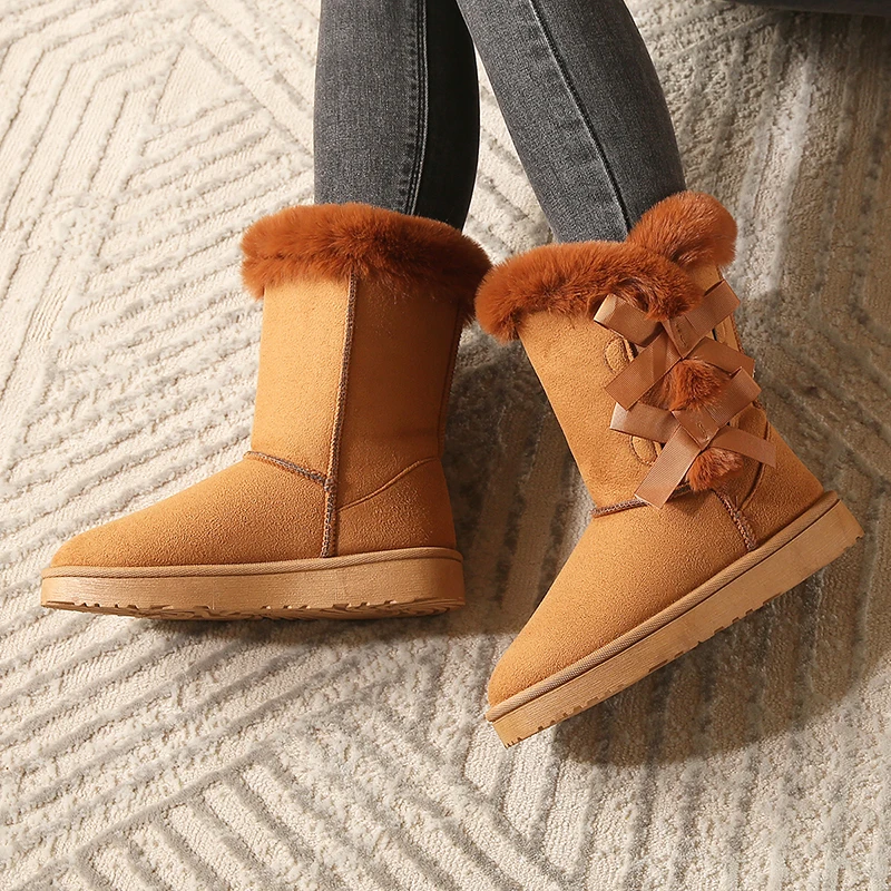 Women Flock Fluffy Suede Snow Boots Cute Butterfly Round Toe Warm Boots Autumn Winter Thick Sole Platform Cotton Shoes