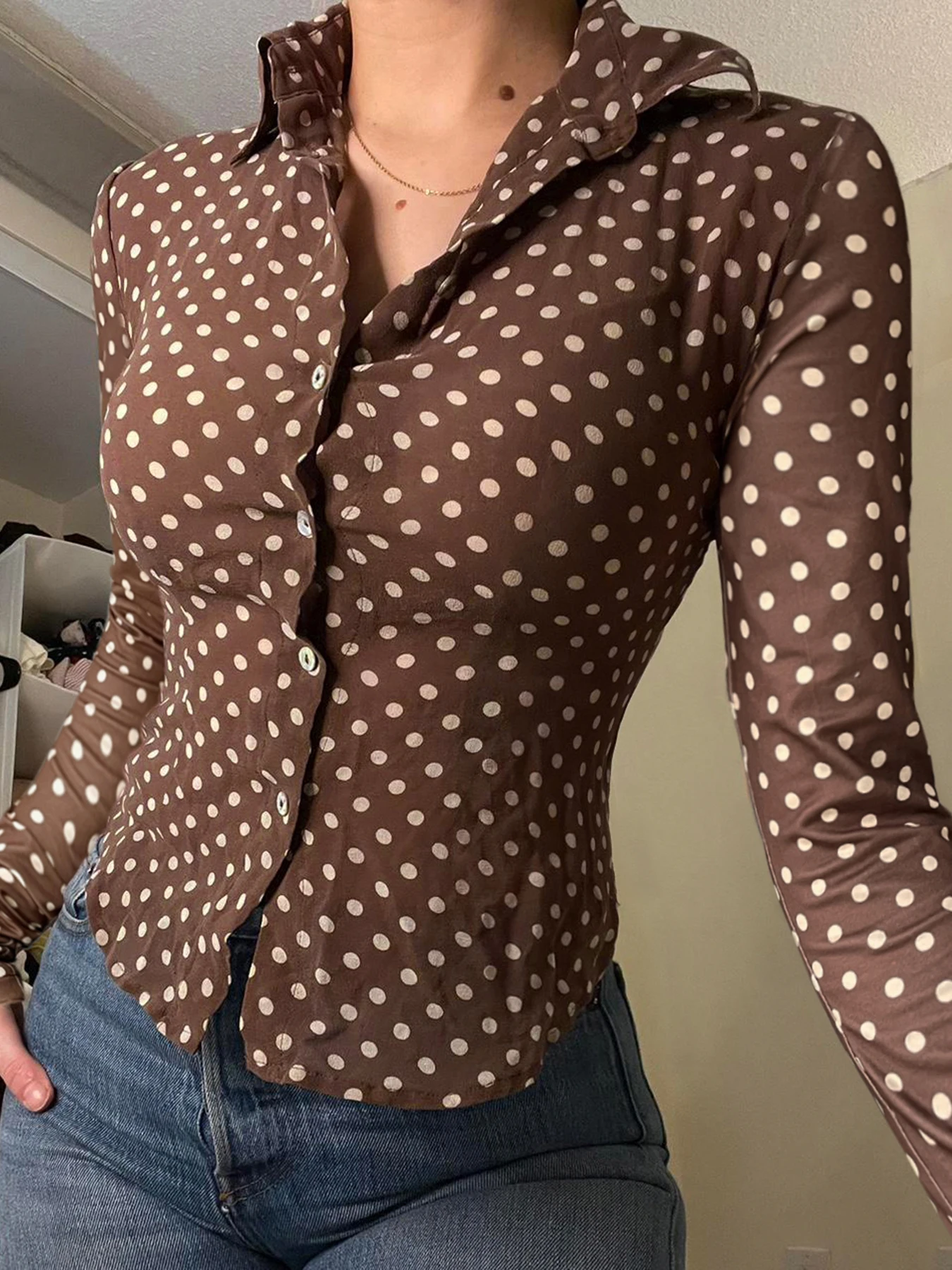 Rockmoer Vintage Polka Dot Print Damska bluzka z długim rękawem Eleganckie koszule damskie z wąskim kołnierzykiem Wiosna Biuro Casual Tops