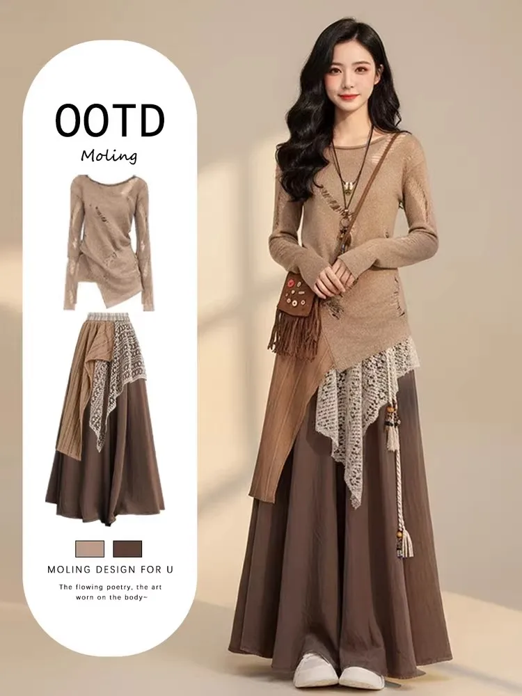 

Spring Casual Women's Tee-Piece Set Wasteland Sle Knitted Top High Waist Long Pants High Quali Faion Ensemble