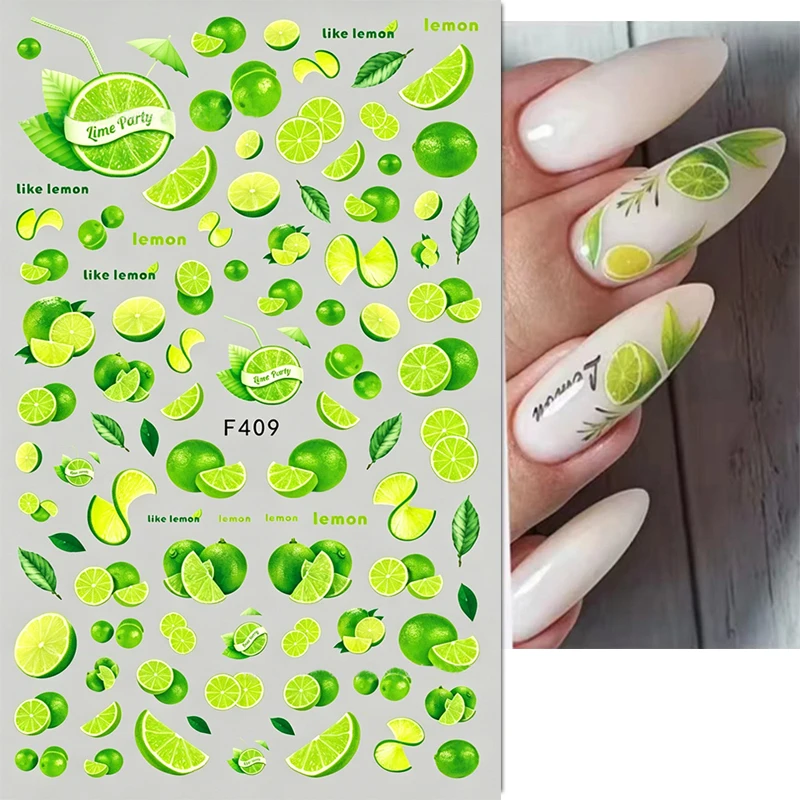 2-Sheets Summer Fruits Green Lemons 3d Nail Stickers Nail Decals Decorated For Manicure DIY