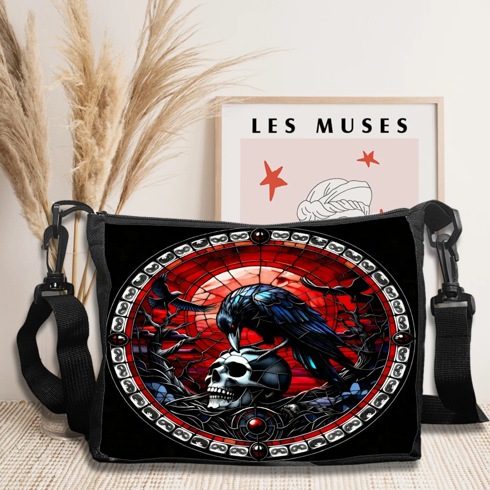 1pc Gothic Raven Skull Stained Glass Design Crossbody Bag Black Artistic Print Shoulder Bags For Women Men Fashion Statement Eve