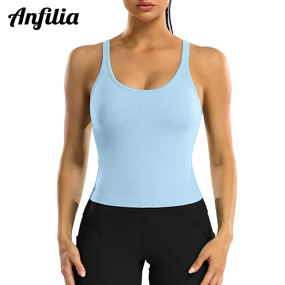 Anfilia Women Sports Tank Tops Slim Fit with Padded Solid U Neck Racerback High Elastic Running Yoga Cycling Tops