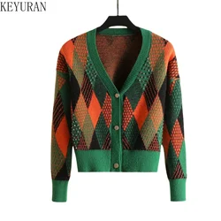 Women Knit Cardigan 2024 Spring Fall Long Sleeve V Neck Loose Sweater Jacket Vintage Diamond Checkered Fashion Knitwear Outwear