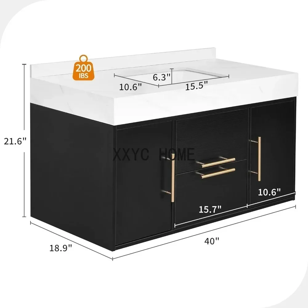 40 Inch Black Floating Bathroom Vanity, Wall Mounted Bathroom Vanity  Bathroom Cabinet with 2 Drawers & 2 Storage Cabinets