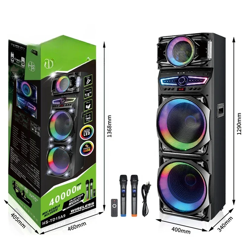 Stock de fábrica altavoz portátil Karaoke doble 15 pulgadas audio usb altavoz activo led partybox con micrófono para HS-TD15A9