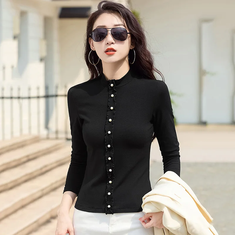 

New Women Spring Autumn Basic T-shirt Fashion Beading Stand Collar Long Sleeve Slim Tees Tops Beautiful Bottoming Shirt