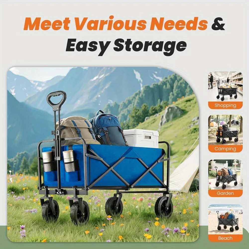 Heavy Duty Portable Foldable Beach Cart with All-Terrain Wheels - Utility Wagon for Outdoor Use with Drink Holders for Groceries - view 4