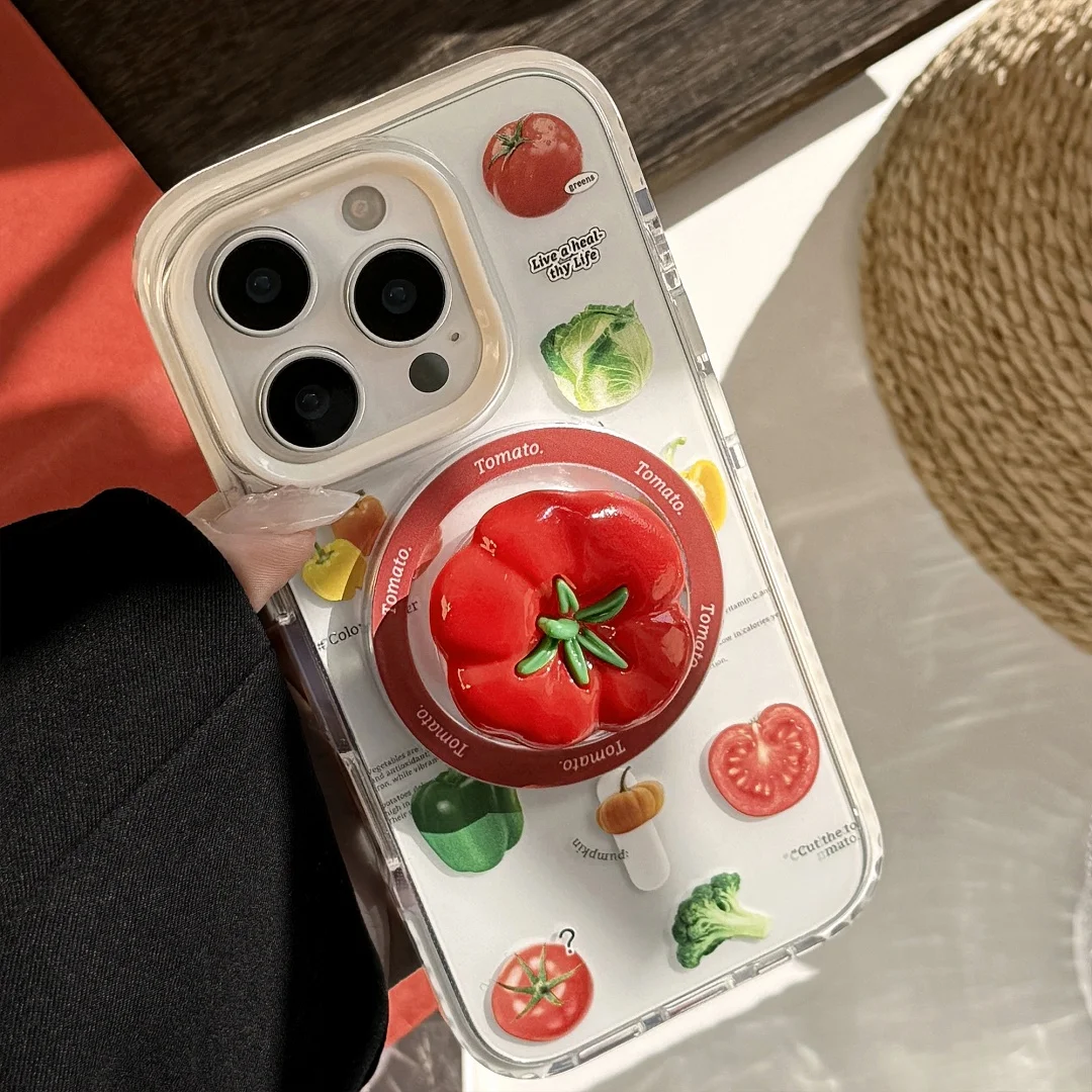 

Korean Vegetable Magsafe Magnetic Tomato Holder Clear Phone Case For iPhone11 12 13 14 15 16Pro Max Shockproof Protective Cover﻿