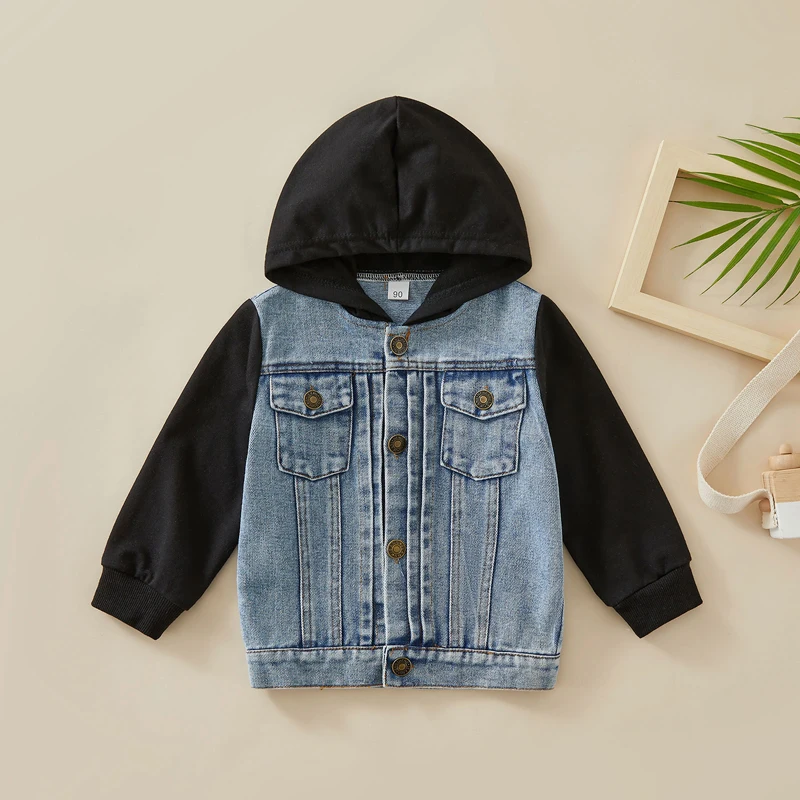 

2-6years Boys Denim Jacket with Patchwork Design Hood and Button-Down Front - Stylish Coat for Boys