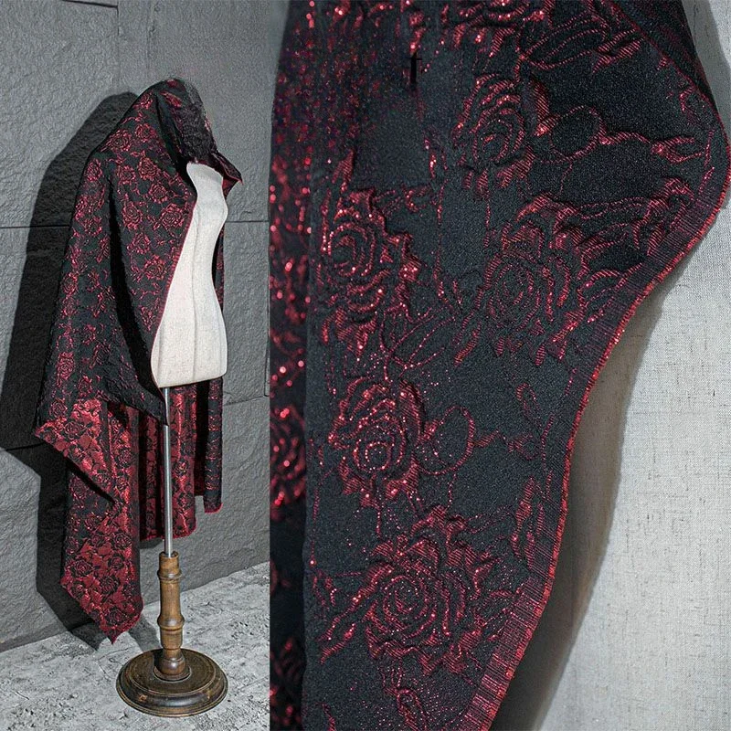 Three Dimensional Dark Red Rose Textured Relief Jacquard Fabric Qipao Clothing Hanfu Designer Fabric