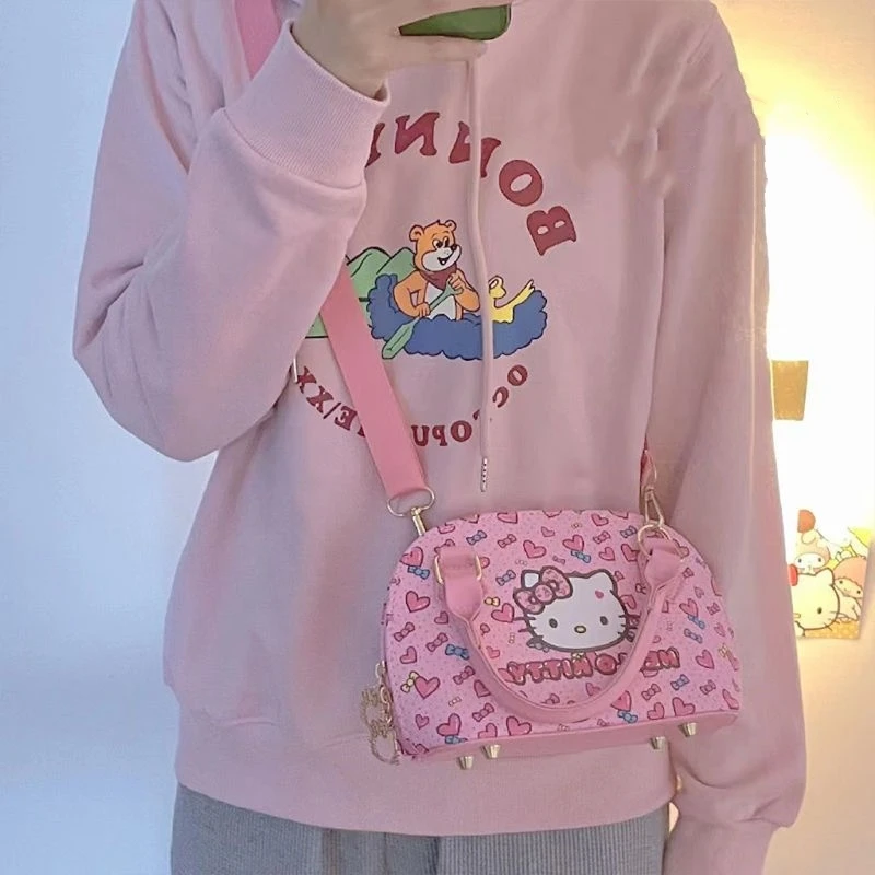 Miniso Hellokitty Kawaii PU Shell Bag Kitty Cat Printed Cute Handbag Girls Rivet Y2k Harajuku Shoulder Bag Women's Messenger Bag