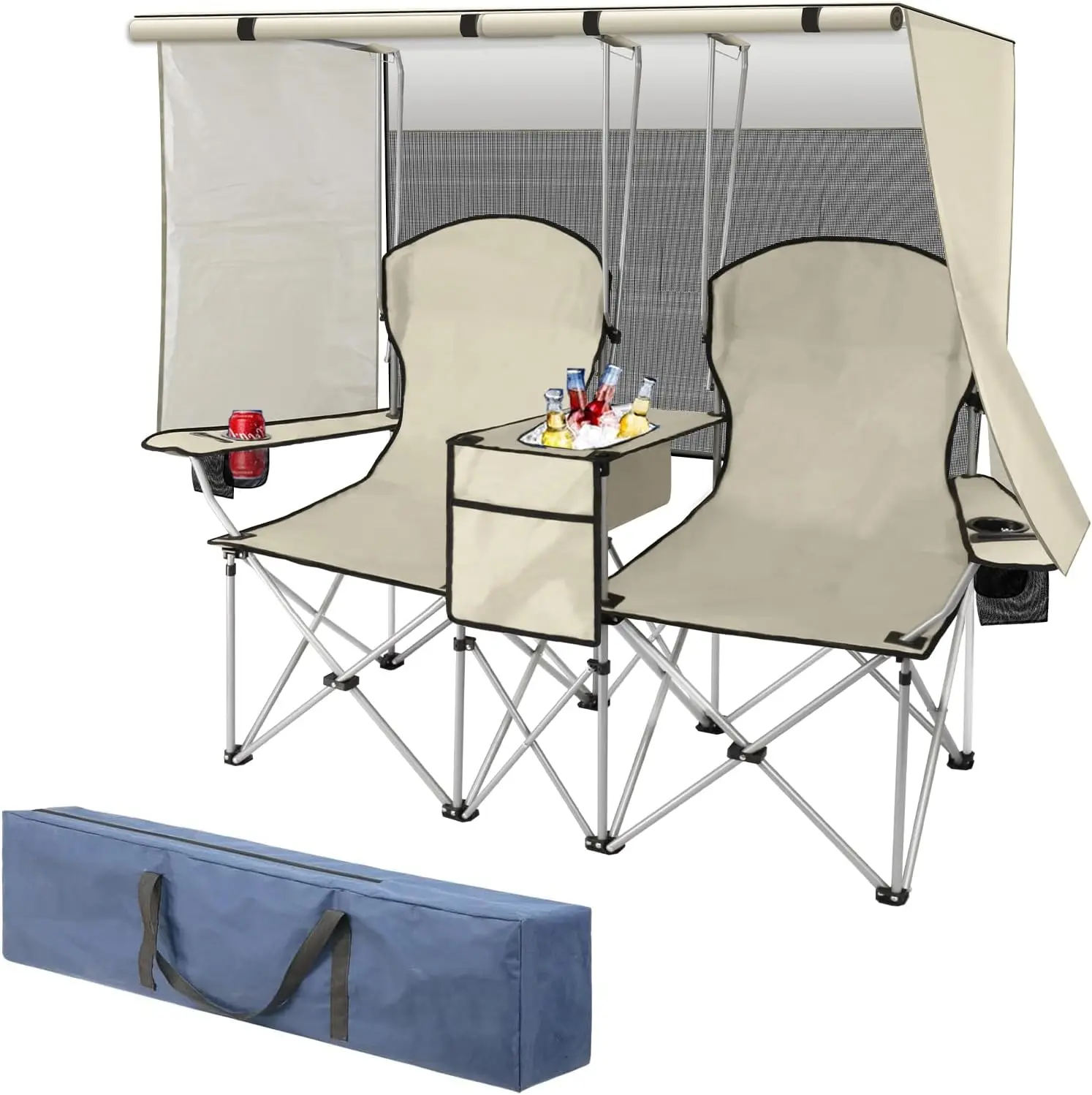 

Double Beach Chair with Canopy Shade,Heavy Duty Camping Chair for Aduls,Folding Beach Chair with Cup Holder Cooler Bag f