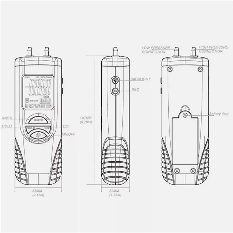 

B08B-HT-1890 Измеритель проверки газа Цифровой манометр Манометр воздуха Двойной порт с удержанием данных для систем HVAC